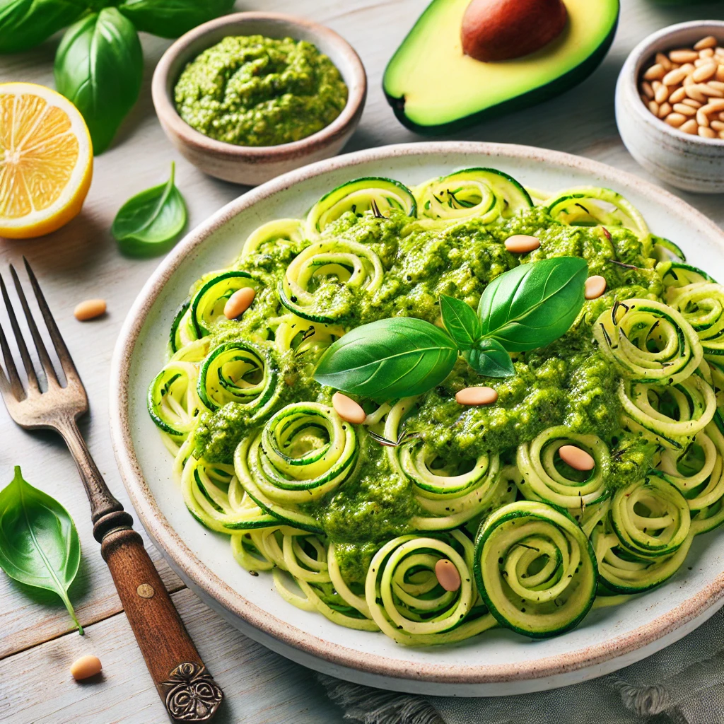 Zucchininudeln mit Avocado-Basilikum Pesto